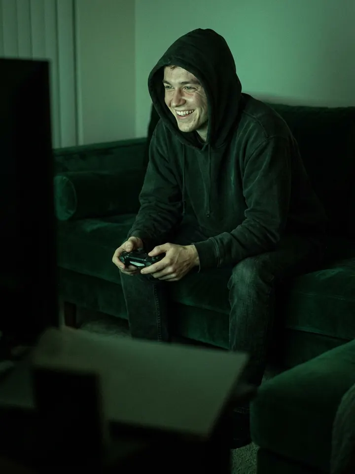 A gamer smiling while playing on the sofa