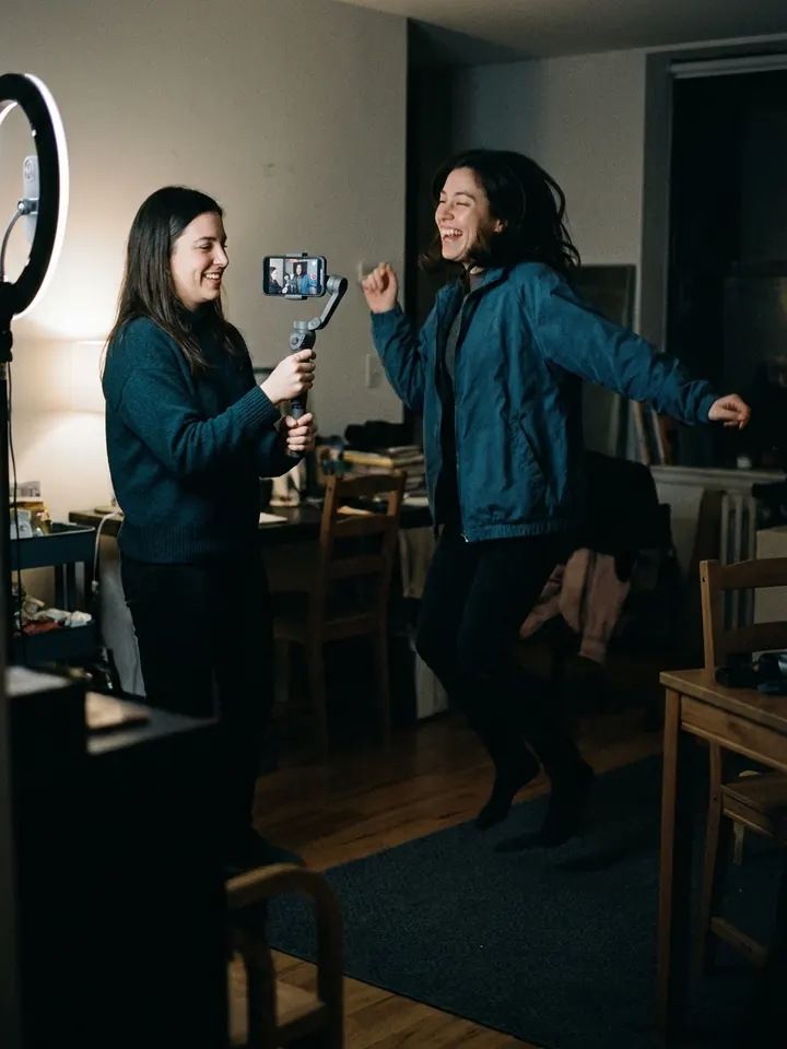 Two friends filming a dance video for social media