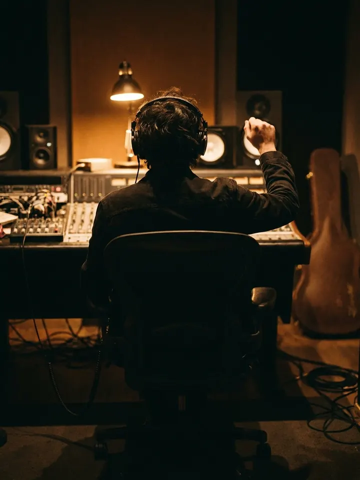 A musician celebrating at a mixing desk in a recording studio