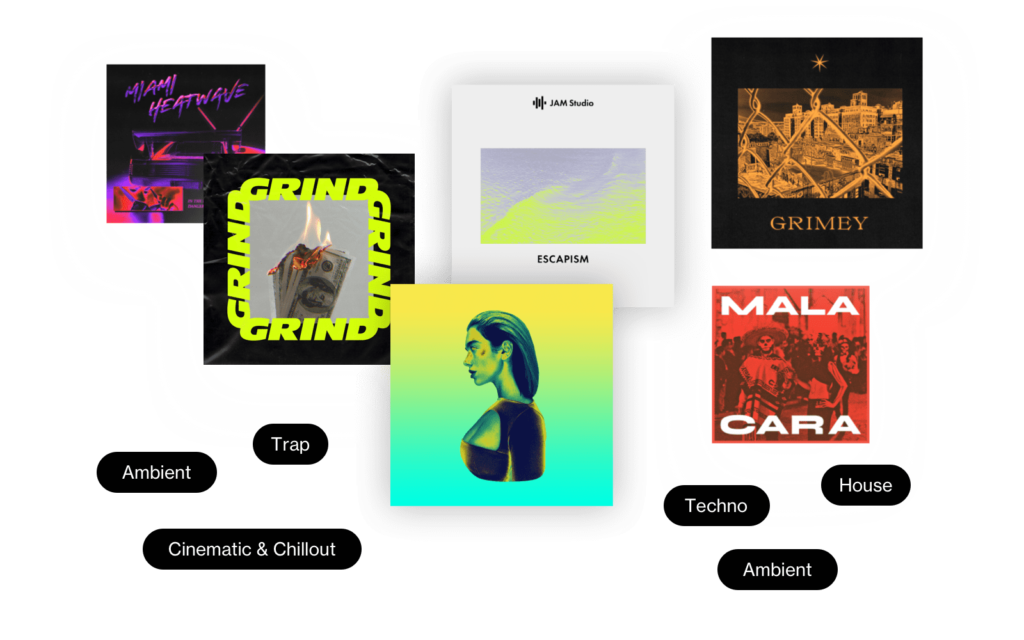 An illustration showing floating genre tiles and badges to indicate the breadth of Loudly's AI Generator.