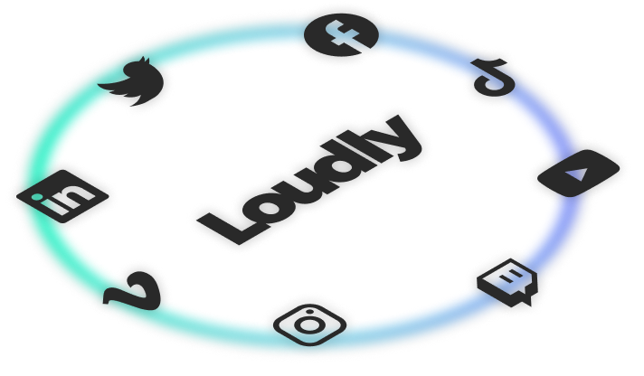 Loudly company logo surrounded by the icons for various streaming and social network services.