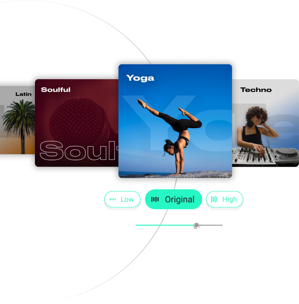 Tiles and interface panels showcasing Loudly's royalty-free music catalog.