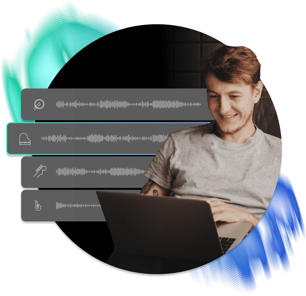 Man smiling at his laptop with audio stems floating behind him.