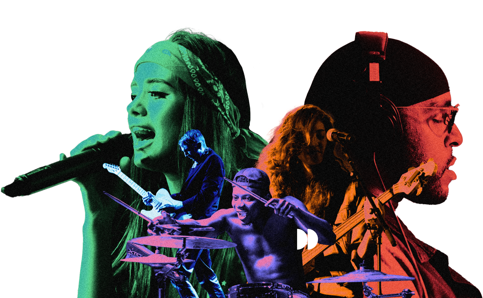 A collage featuring five musicians playing various instruments.