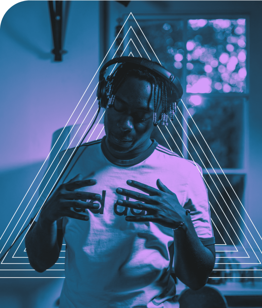 A young man listens to music and feels the beat.