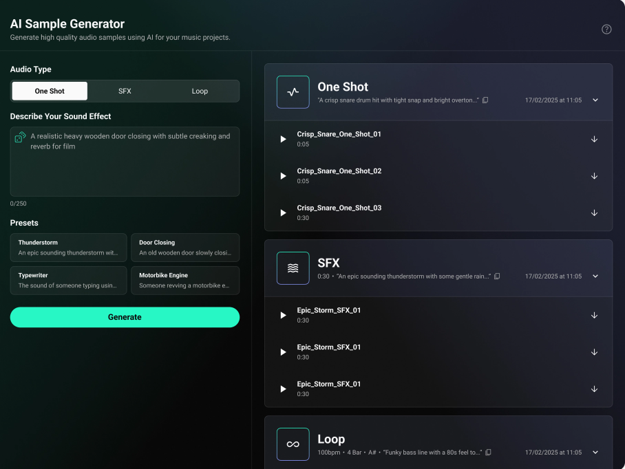Loudly's Ai Sample generator page with three different audio types One-shot, loops and SFX